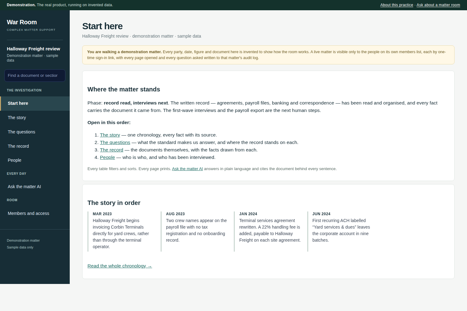 A matter room showing a chronology, each entry naming its source document